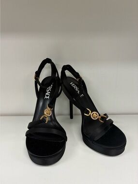 Versace Black Platform Stiletto Sandals with Gold Medallion Accents
